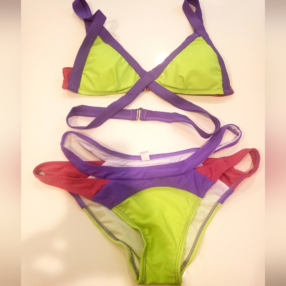 NWOT Vibrant Colorful Bikini Set (Lime Green, Purple, Hot Pink- Large)